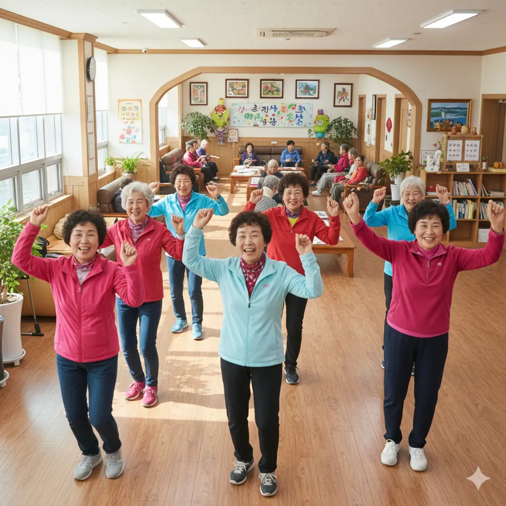 밝은 조명이 비추는 노인복지관의 넓은 홀.60대 후반에서 70대 사이의 어르신 여러 명이 편안하고 화사한 옷차림으로 라인댄스 수업에 참여하며 환하게 웃고 있다.