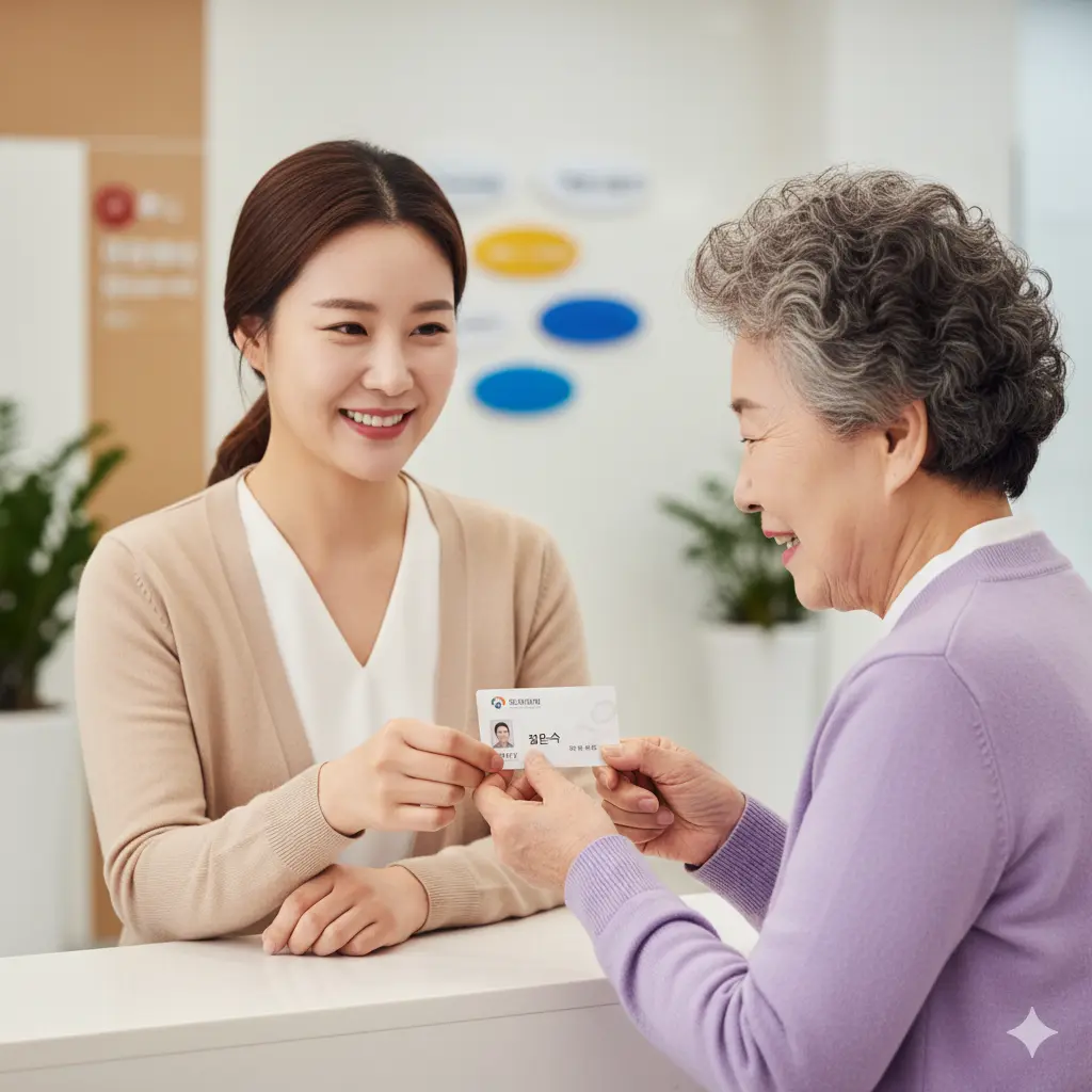노인복지관 안내 데스크에서 30대 여성 직원이 새로운 회원증을 70대 여성 어르신에게 건네주는 따뜻한 사진.